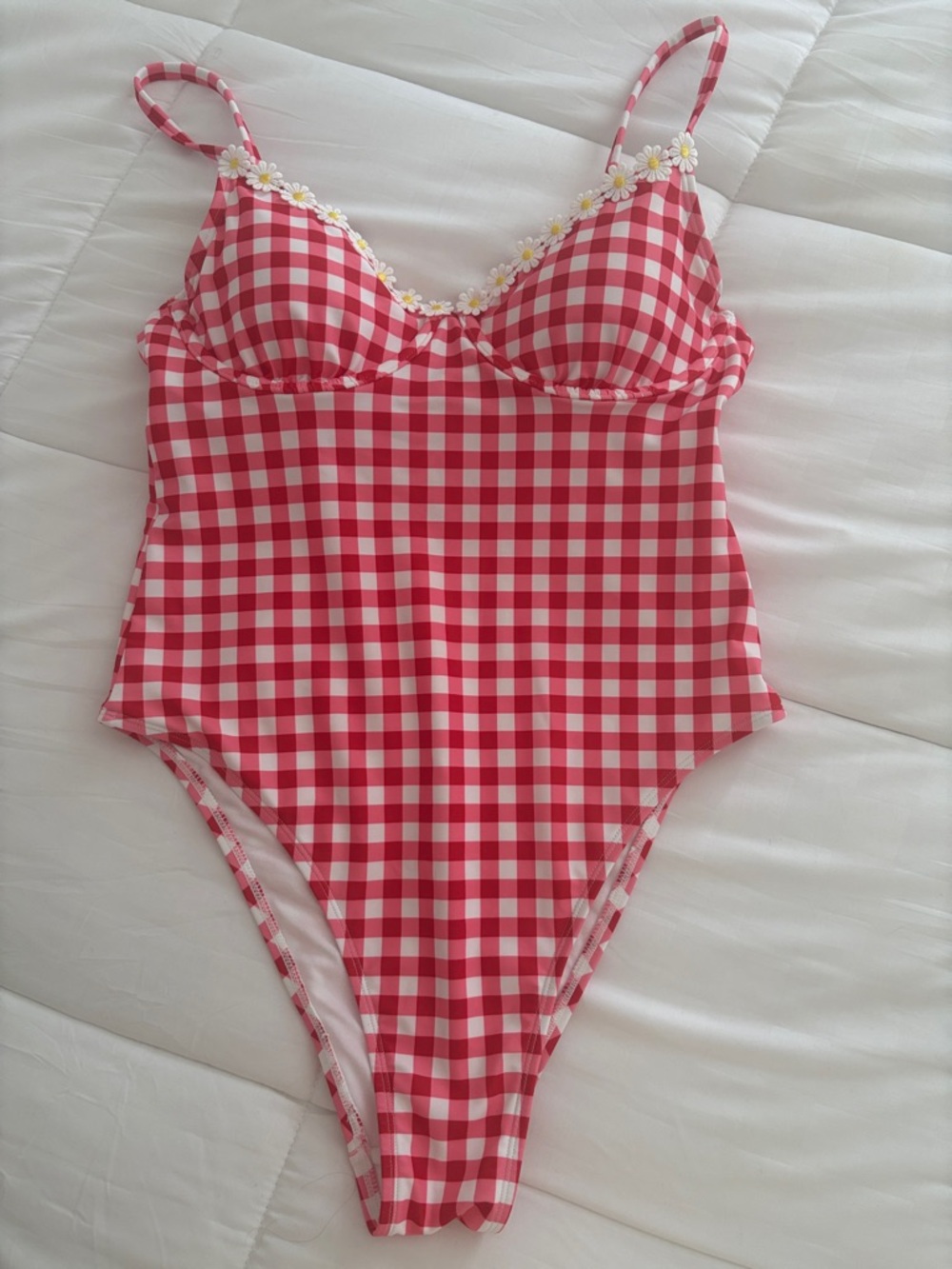 Red & White Gingham Daisy Trim One-Piece Swimsuit